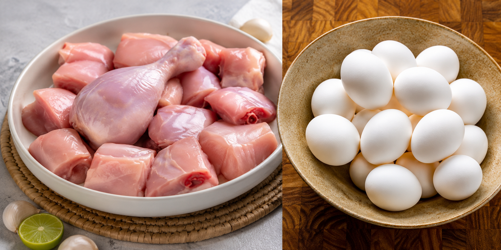 Chicken and eggs displayed for sale in a local market.