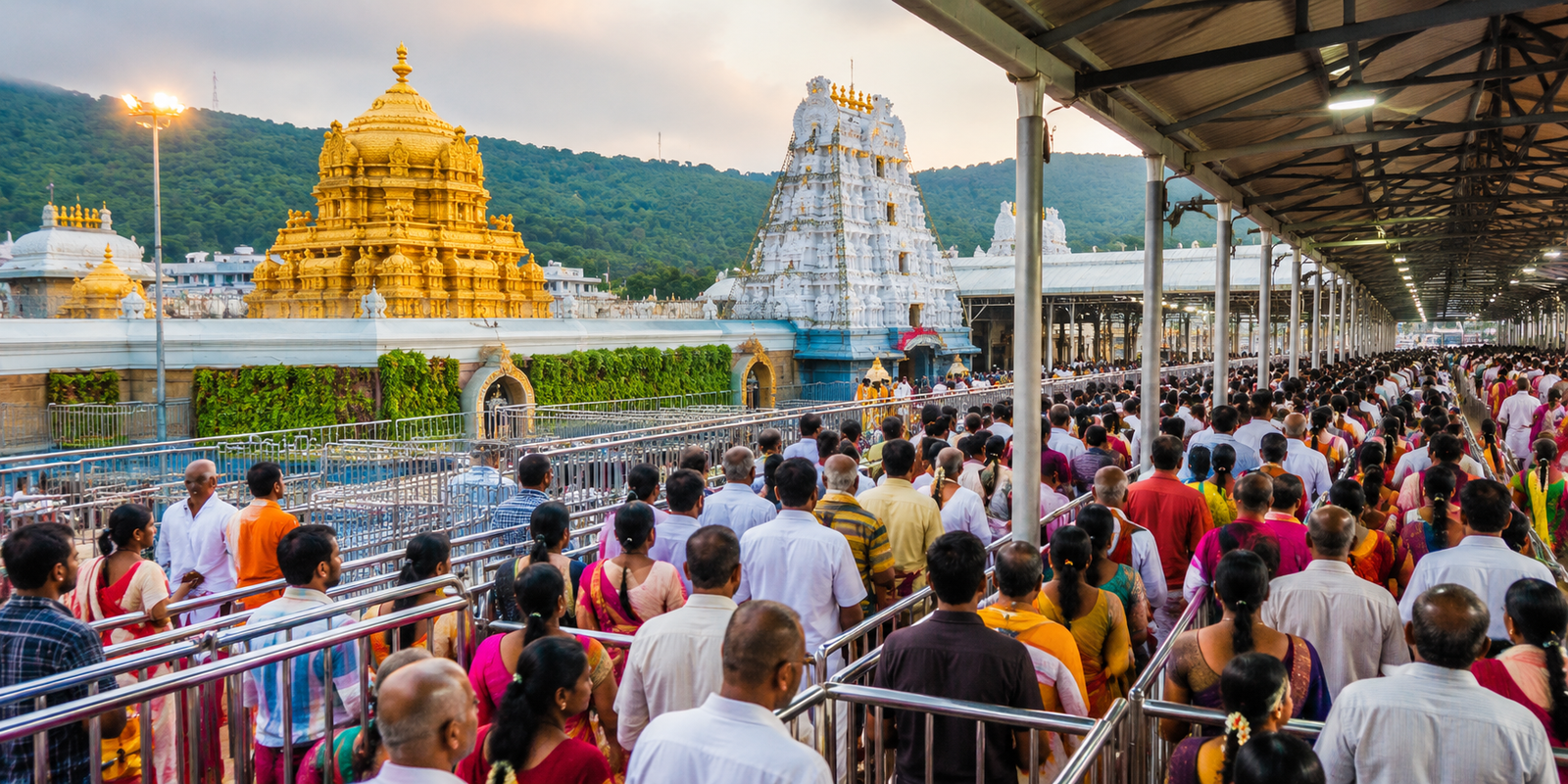 Devotees waiting in Tirumala Vaikuntham Queue Complex for Srivari Darshan.