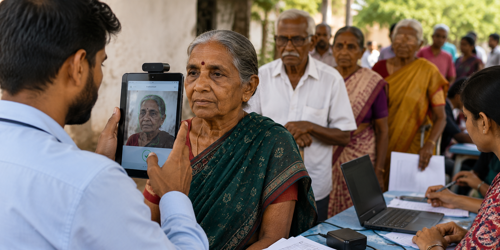 Pension beneficiaries completing face verification at a government camp.