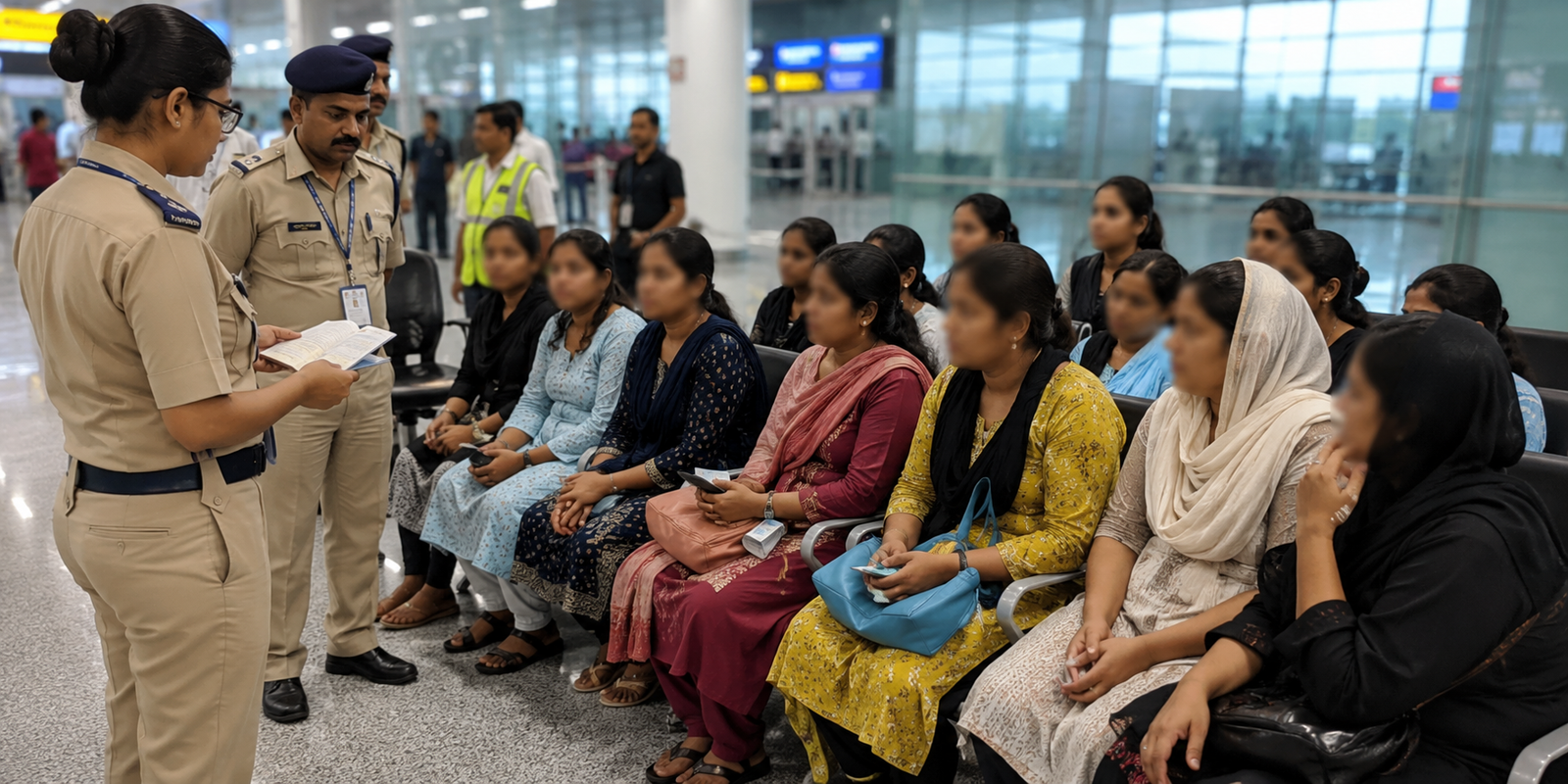 Immigration officials questioning women at Hyderabad airport.