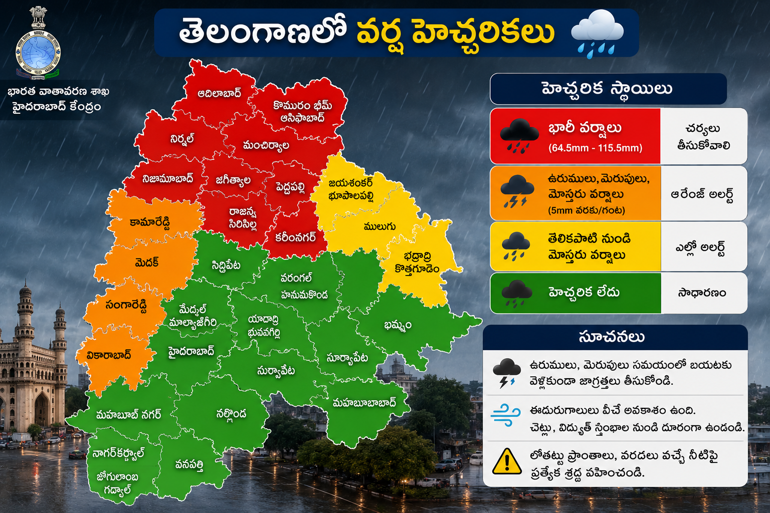 Heavy rain clouds over Hyderabad during monsoon weather alert.