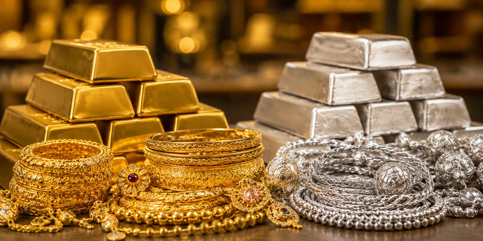 Gold and silver ornaments displayed at a jewellery store.