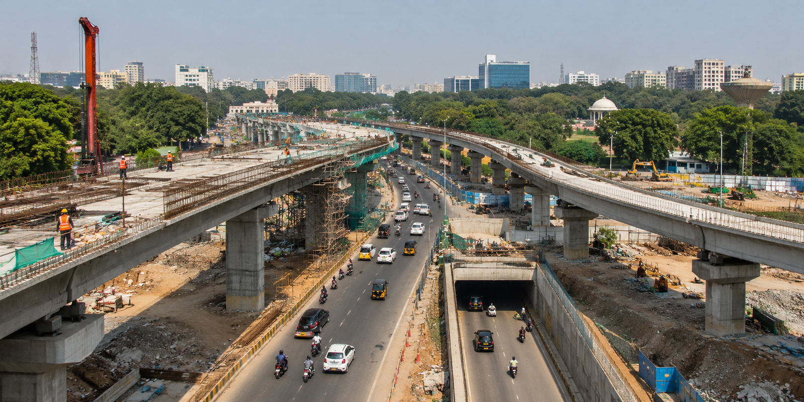 Bridge and underpass construction work near KBR Park Hyderabad.