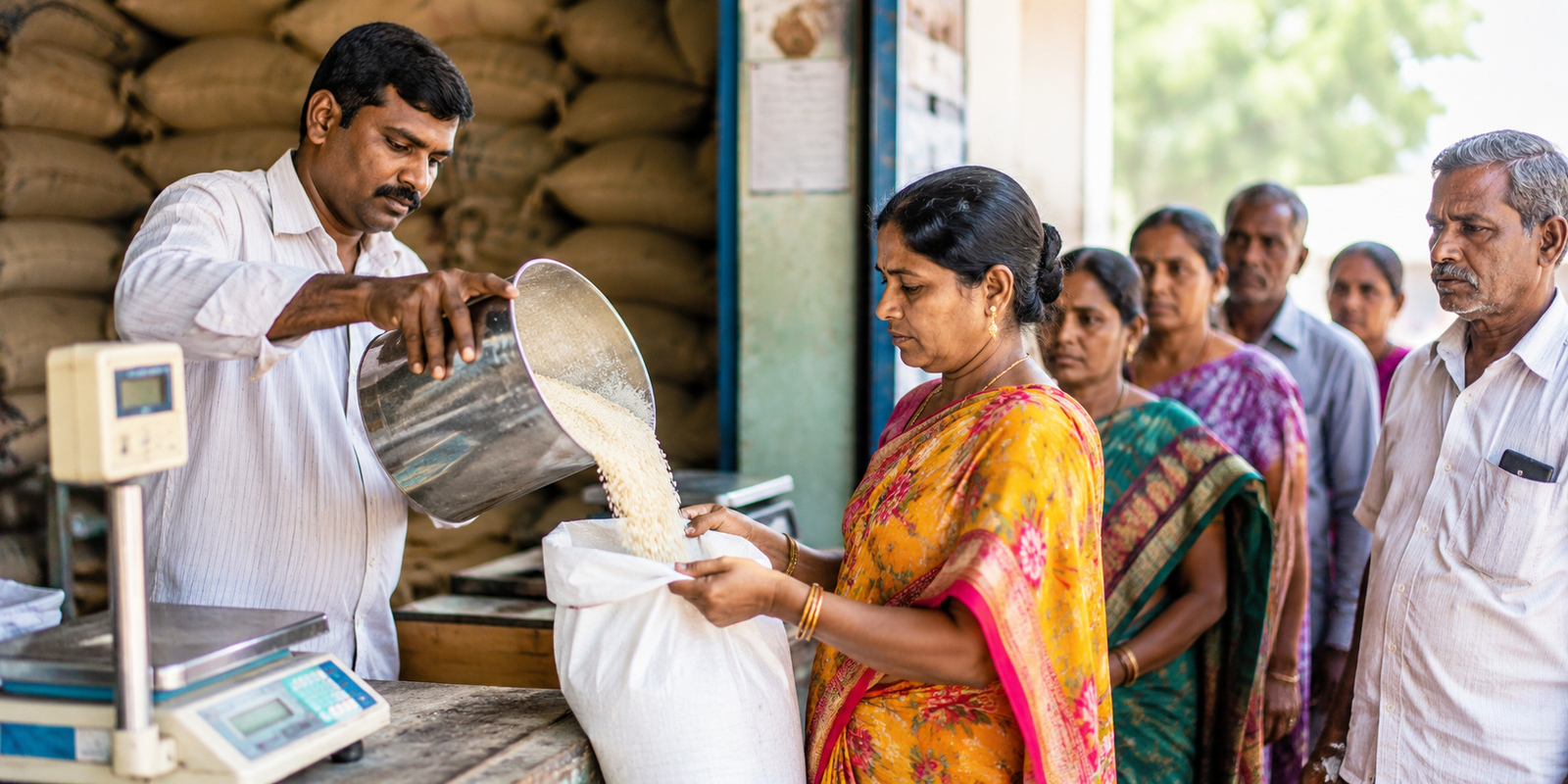 Beneficiaries collecting free ration rice at a Telangana ration shop.