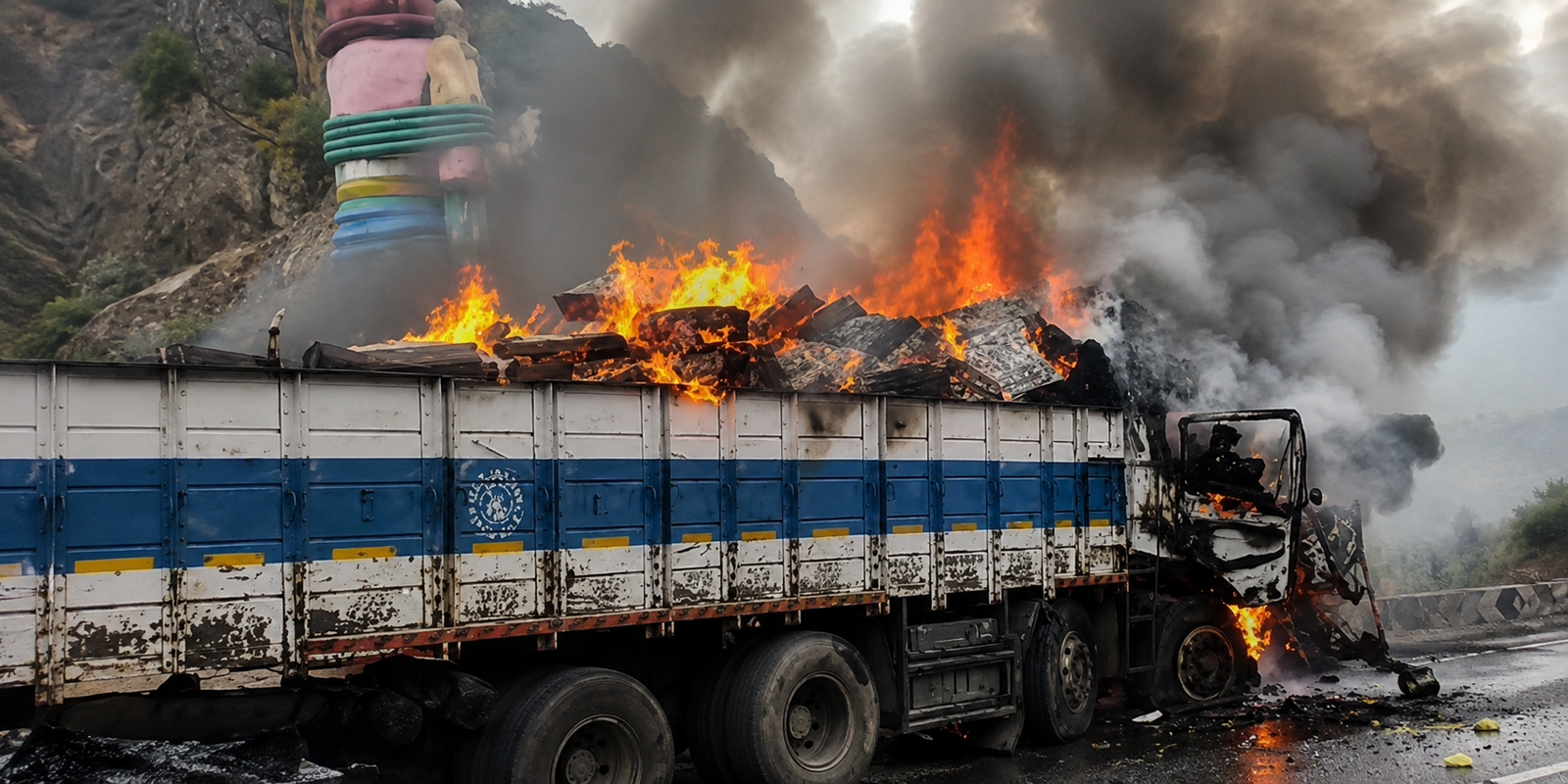 Burnt lorries after fatal collision on NH-16 near Boyapalem.