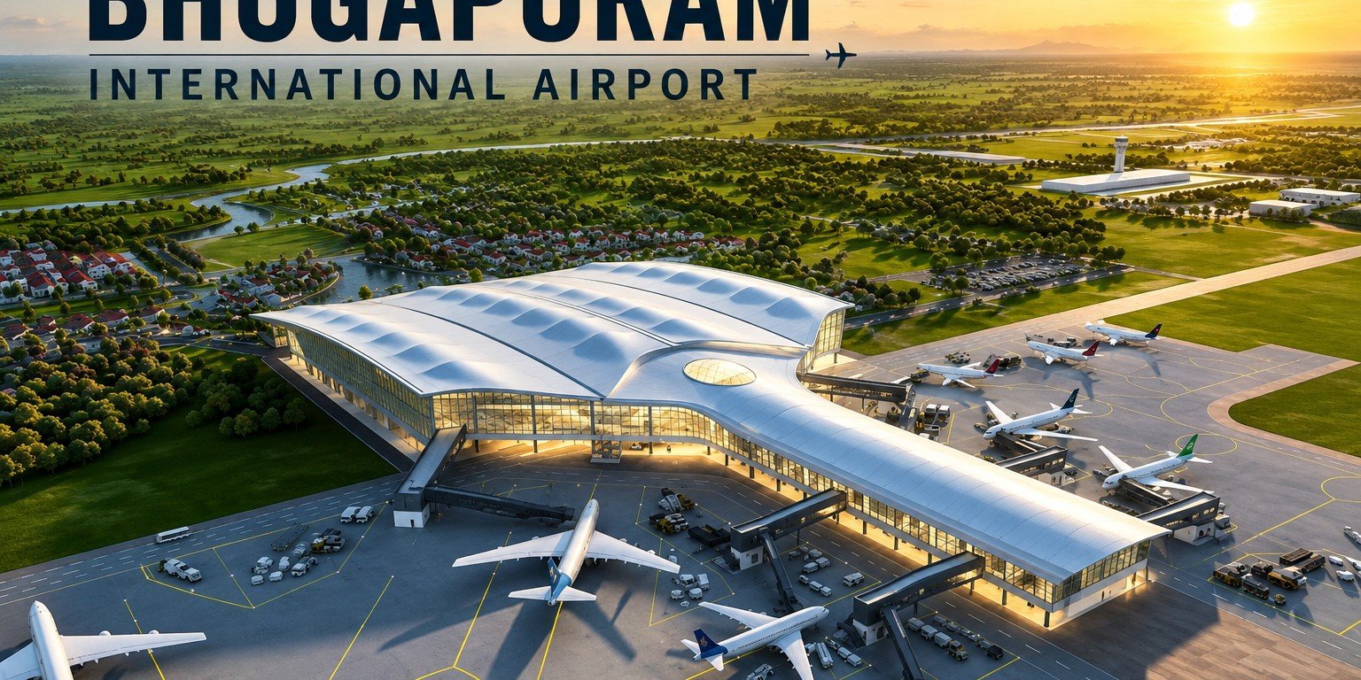 Bhogapuram International Airport terminal under development in Andhra Pradesh.