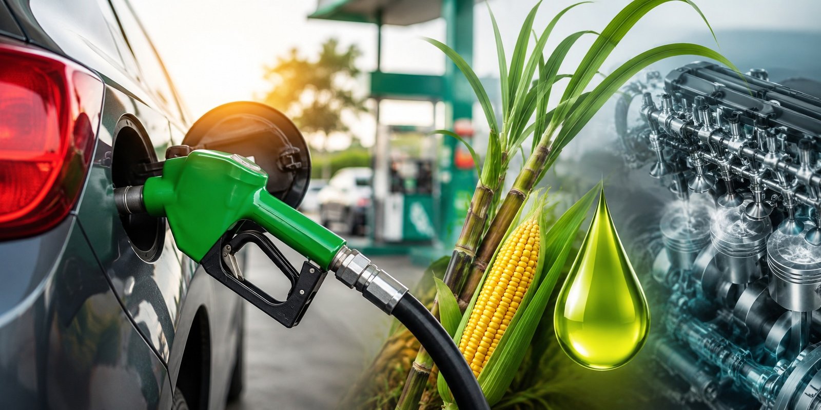 Vehicle refuelling with ethanol blended petrol at fuel station.