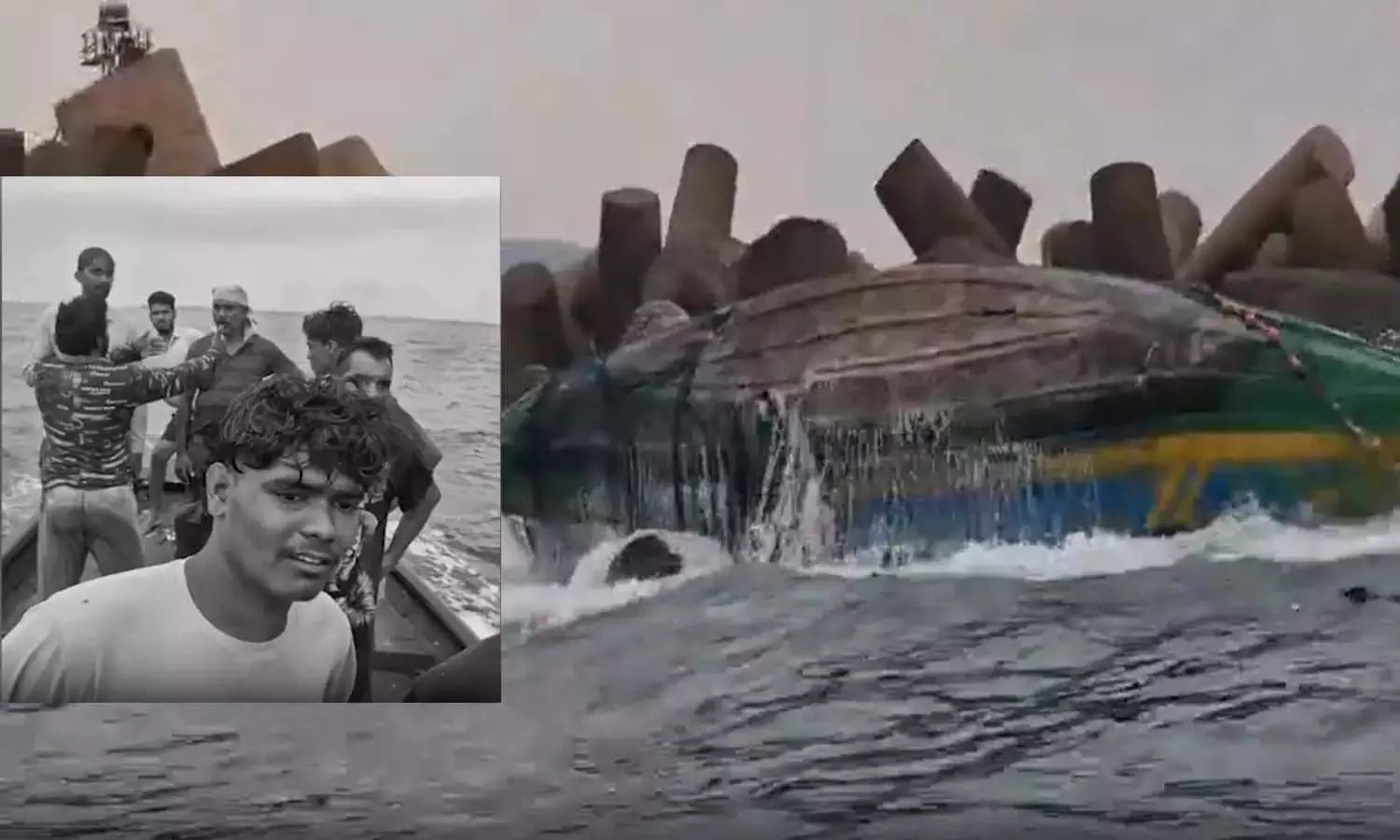 Capsized fishing boat near Visakhapatnam Harbour after high waves.