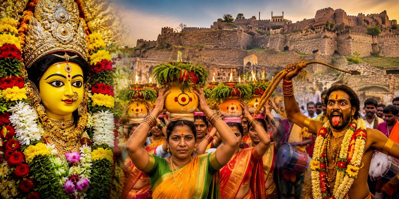 Devotees offering the first Bonam to Goddess Jagadambika Ellamma at Golconda Fort as Telangana Bonalu 2026 celebrations begin.
