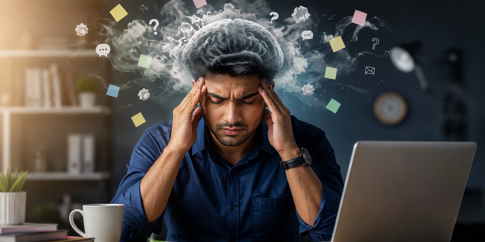 Young professional experiencing brain fog while working on a laptop.