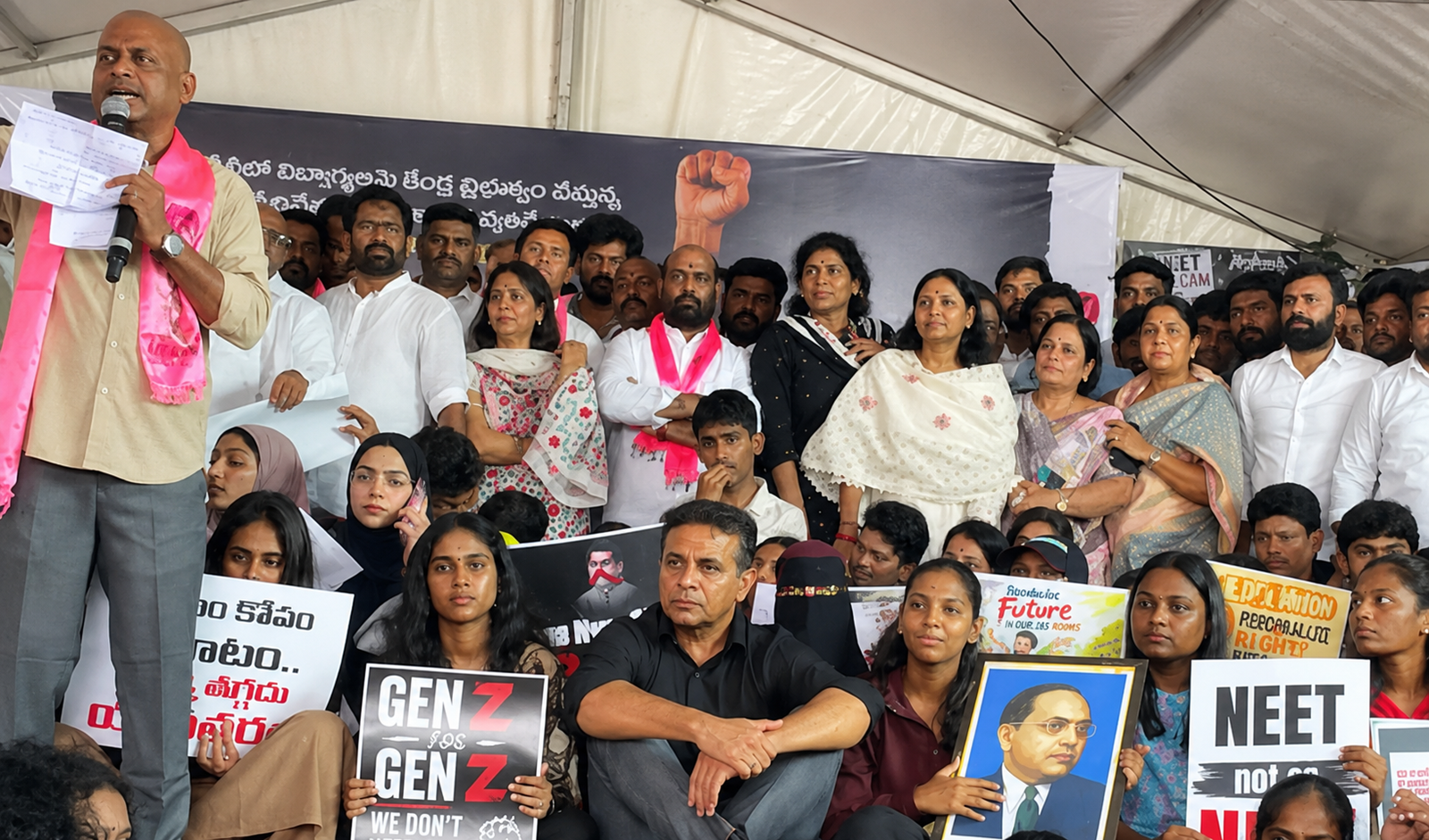 KTR addressing students during the Indira Park protest in Hyderabad.