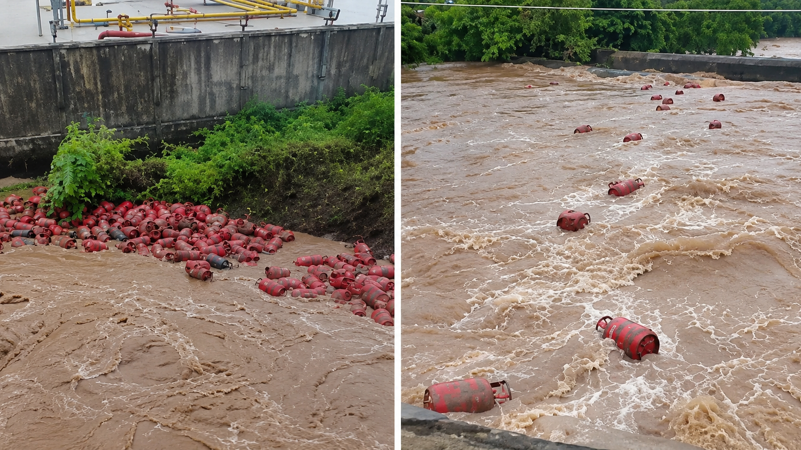 Gas cylinders floating in the Patalganga River after severe floods.