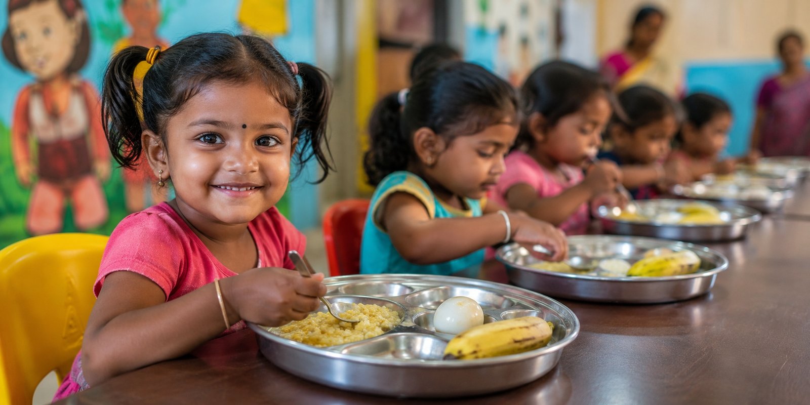 Children receiving nutritious breakfast at a Telangana Anganwadi centre.