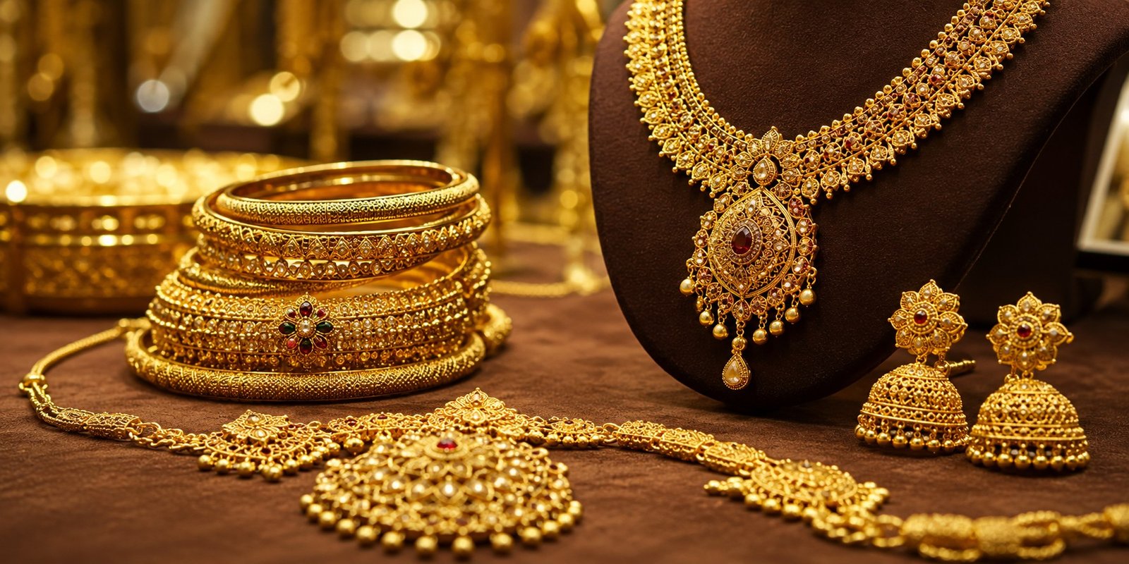 Gold jewellery displayed at a jewellery store in Hyderabad.