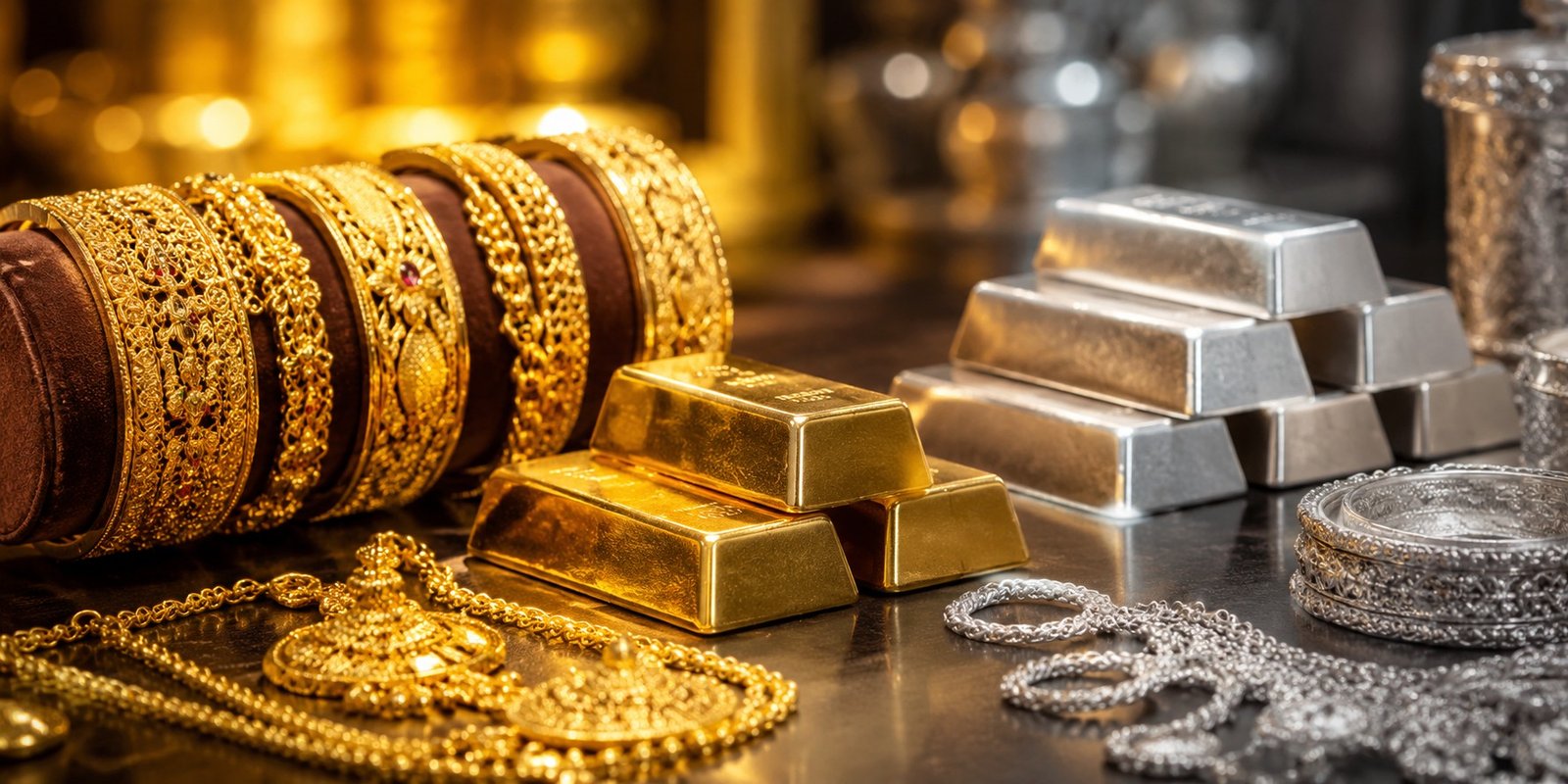 Gold jewellery displayed at a jewellery store in Hyderabad.