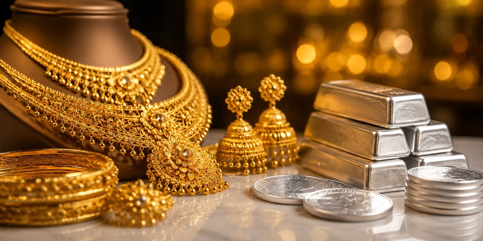 Gold jewellery and silver bars displayed in a jewellery showroom.
