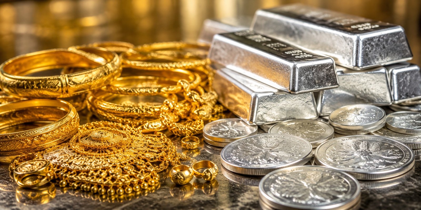Gold ornaments and silver bars displayed in a jewellery shop.