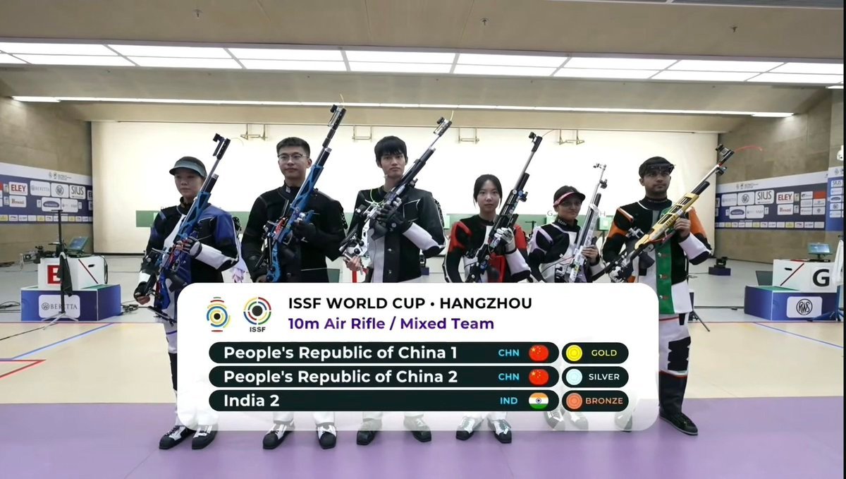 Sonam Uttam Maskar and Himanshu Dhillon celebrate ISSF World Cup bronze medal.