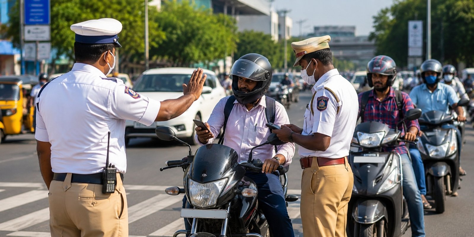 Hyderabad traffic police personnel managing traffic on city roads.