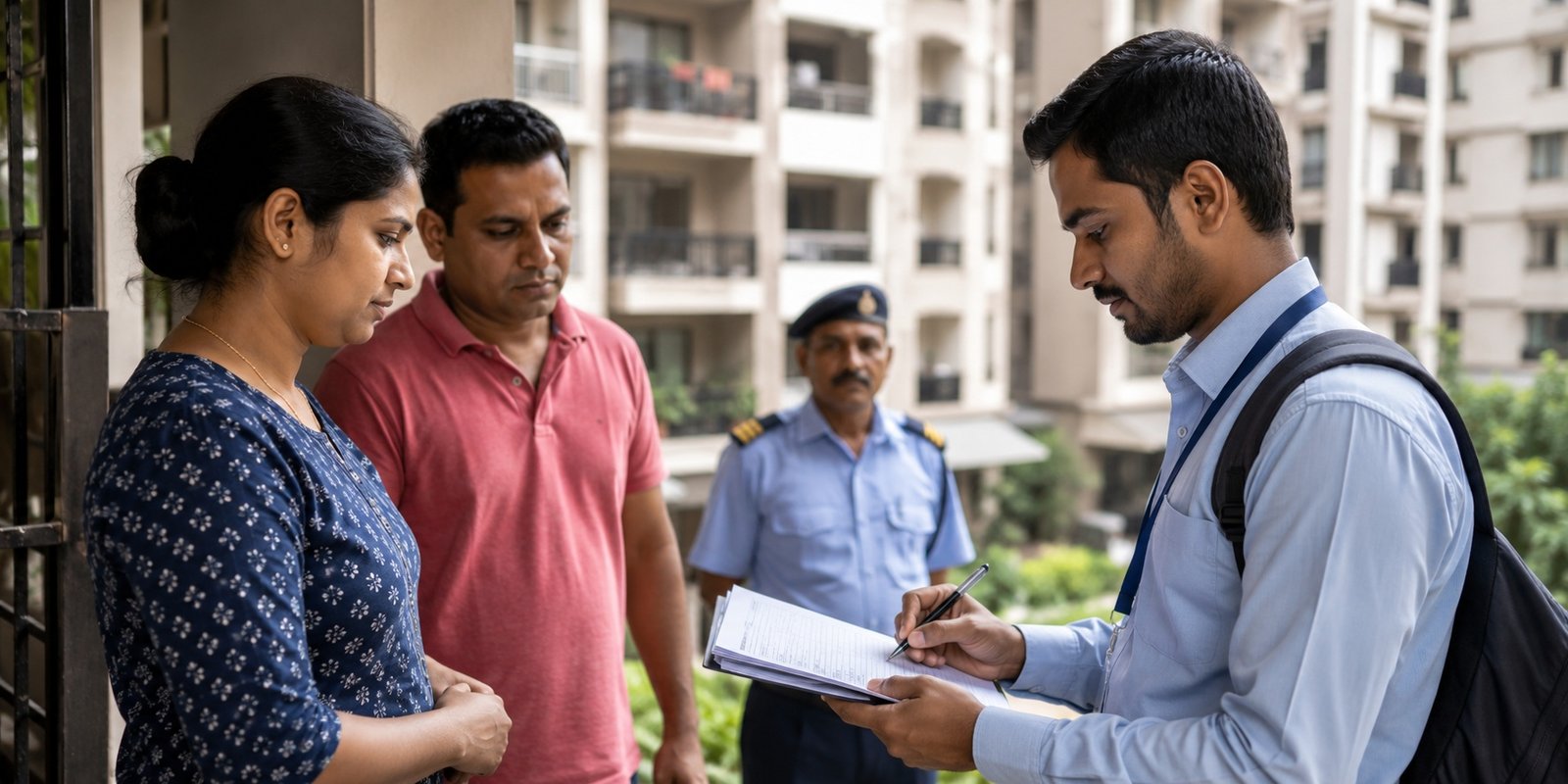 BLO distributing SIR enumeration forms in Hyderabad apartments.
