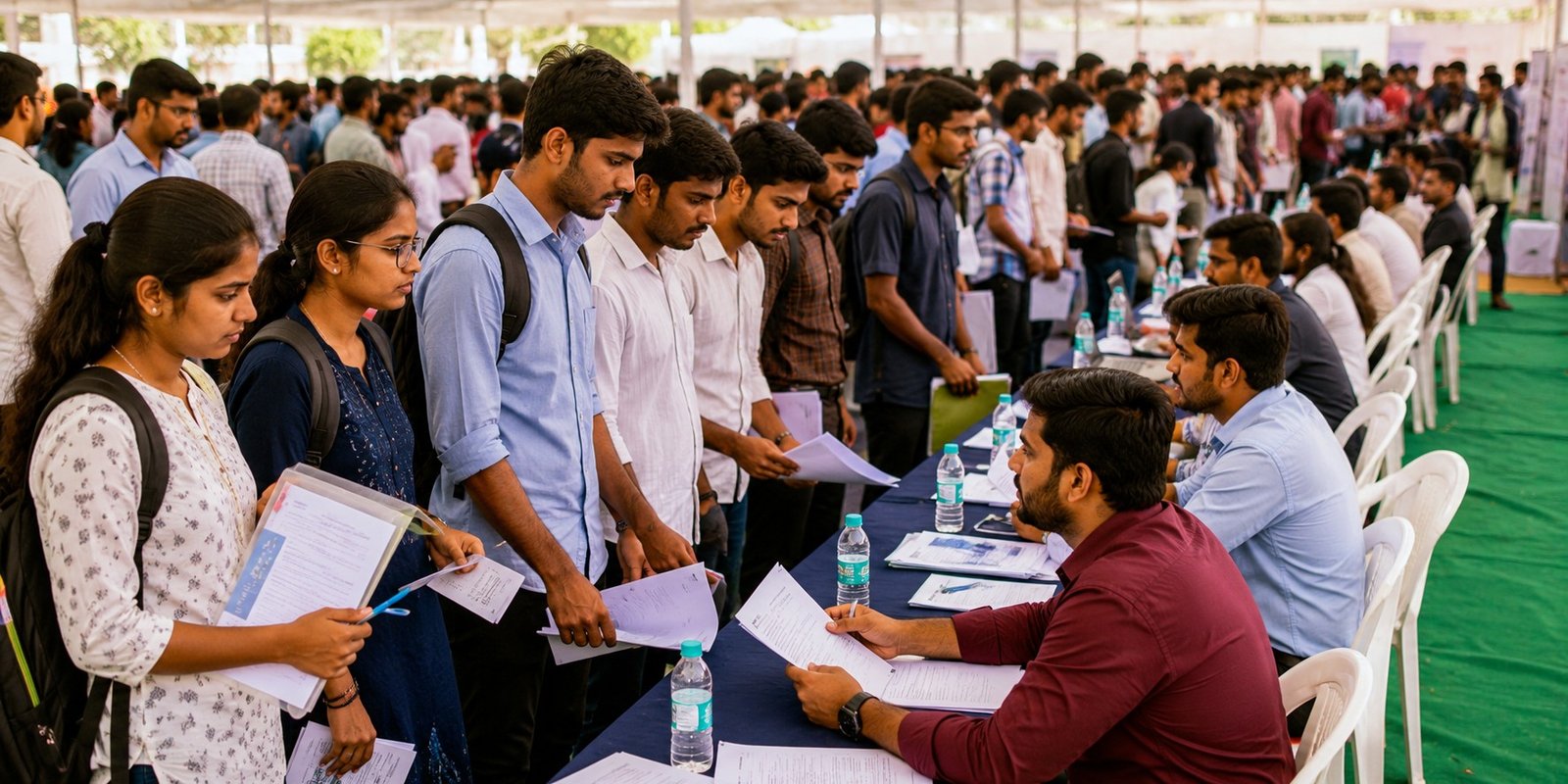 Candidates attending Mega Job Mela in Piduguralla.