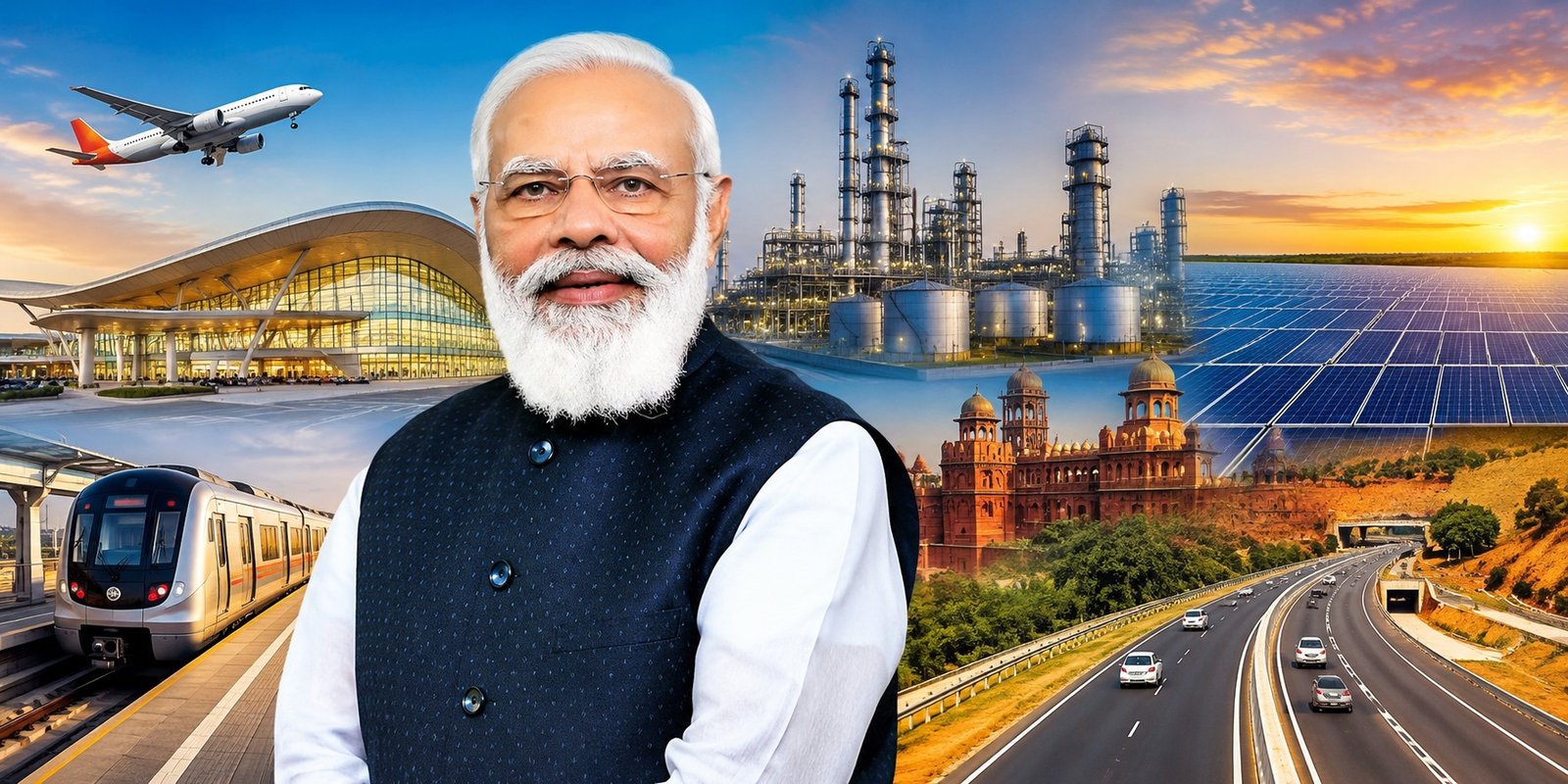 PM Modi launching major infrastructure projects in Rajasthan and Gujarat.
