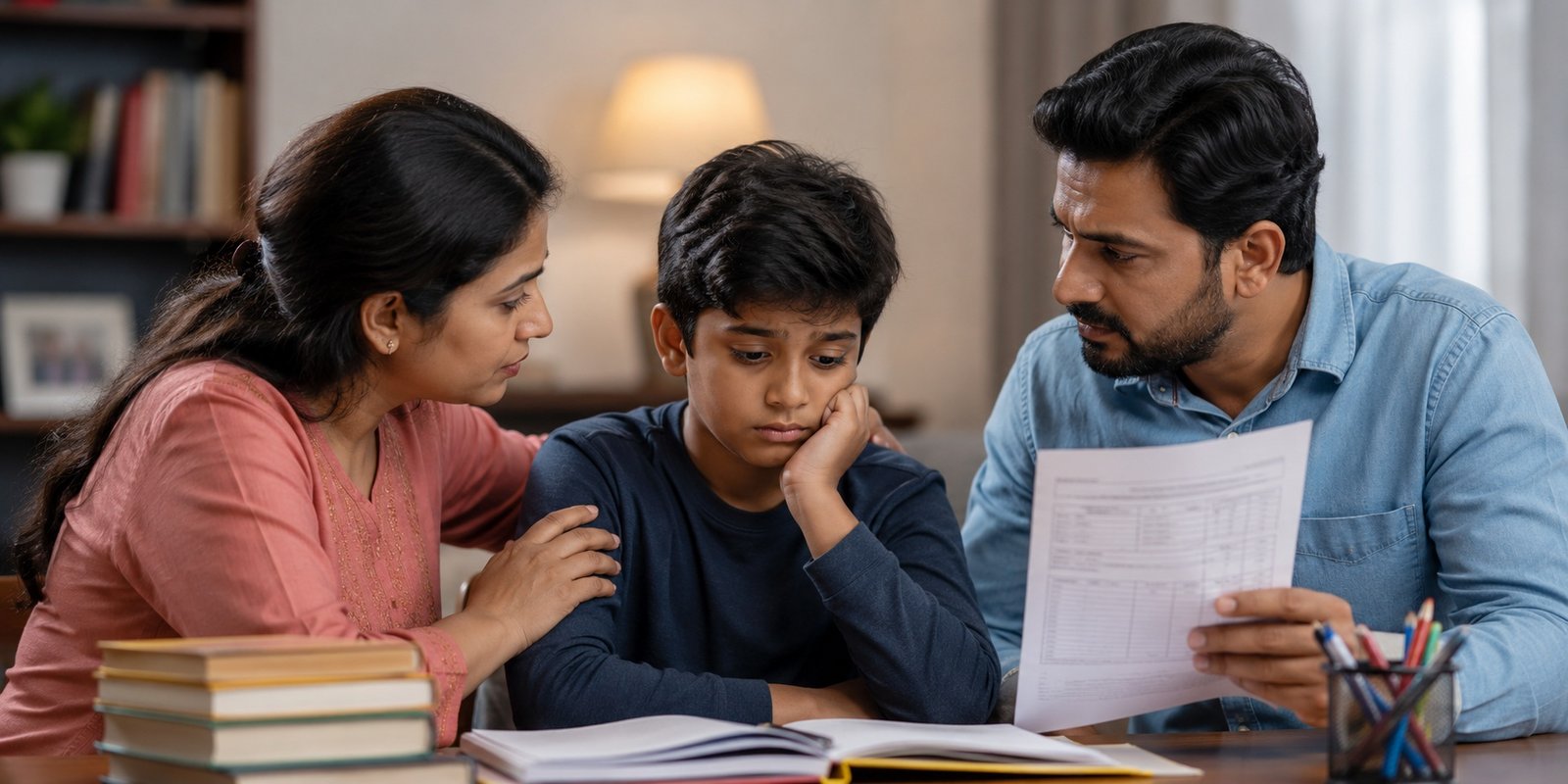 Parents discussing a child's report card with the student.