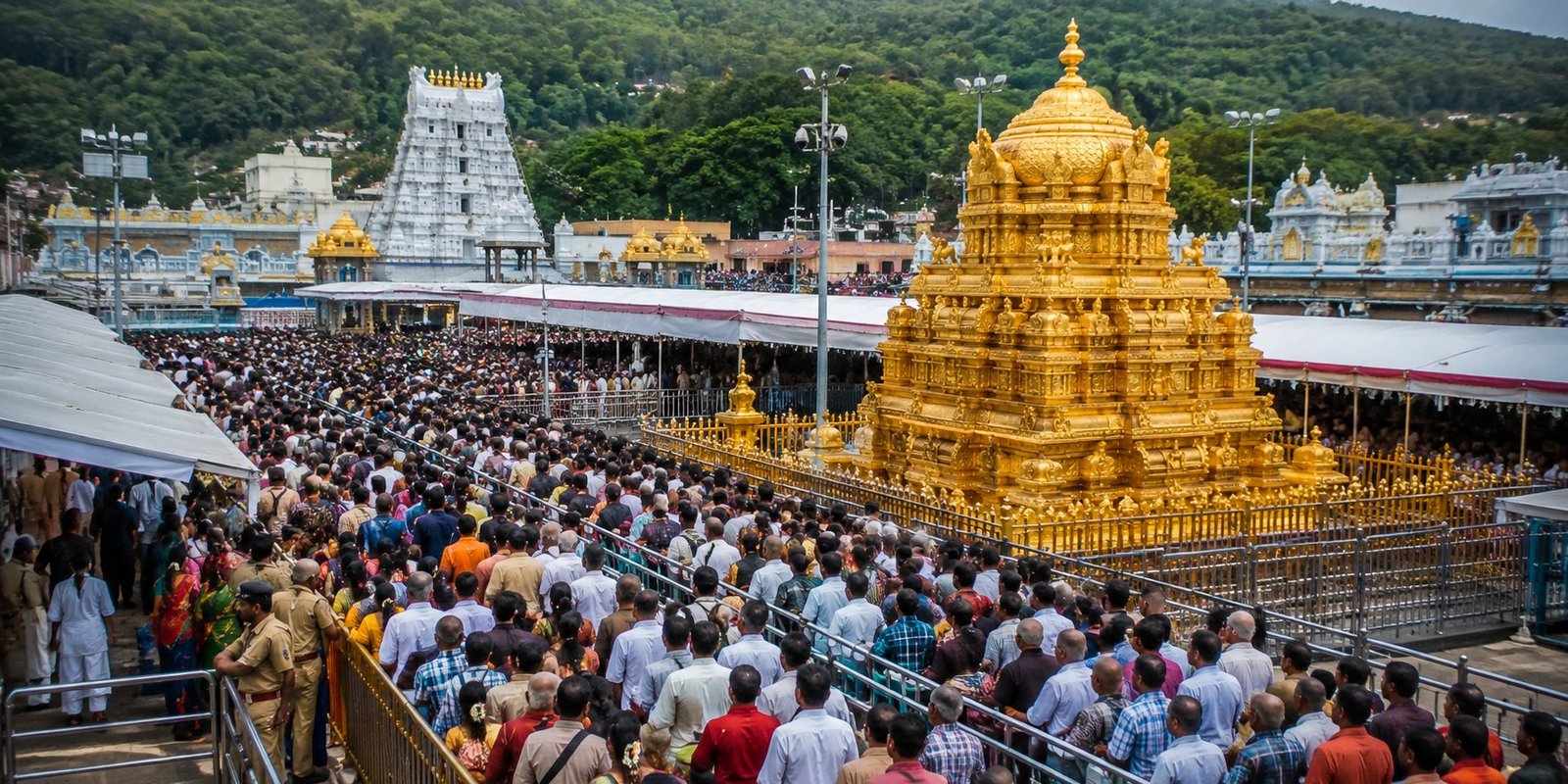 Devotees waiting in long queues at Tirumala temple.