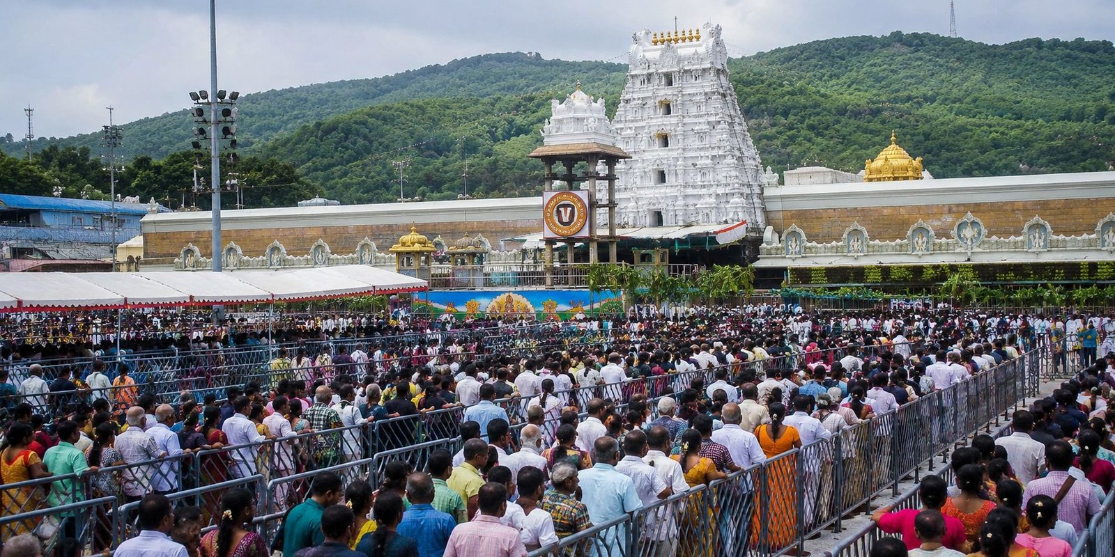 Devotees waiting in long queues at Tirumala temple.