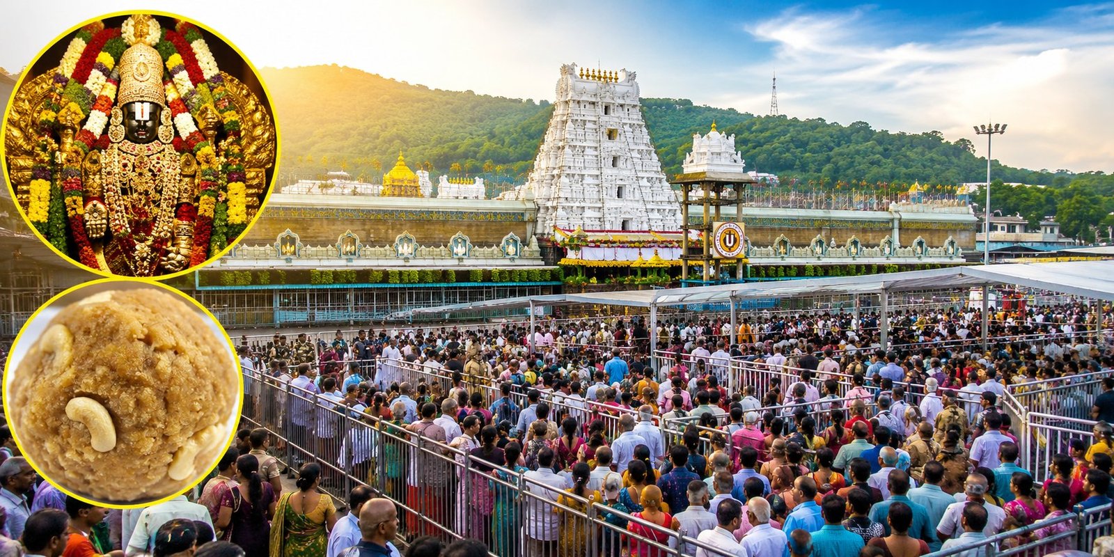 Devotees waiting in long queues at Tirumala temple.