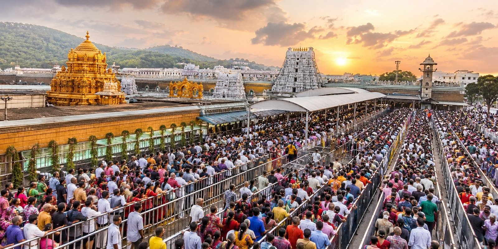 Devotees waiting in long queues at Tirumala temple.