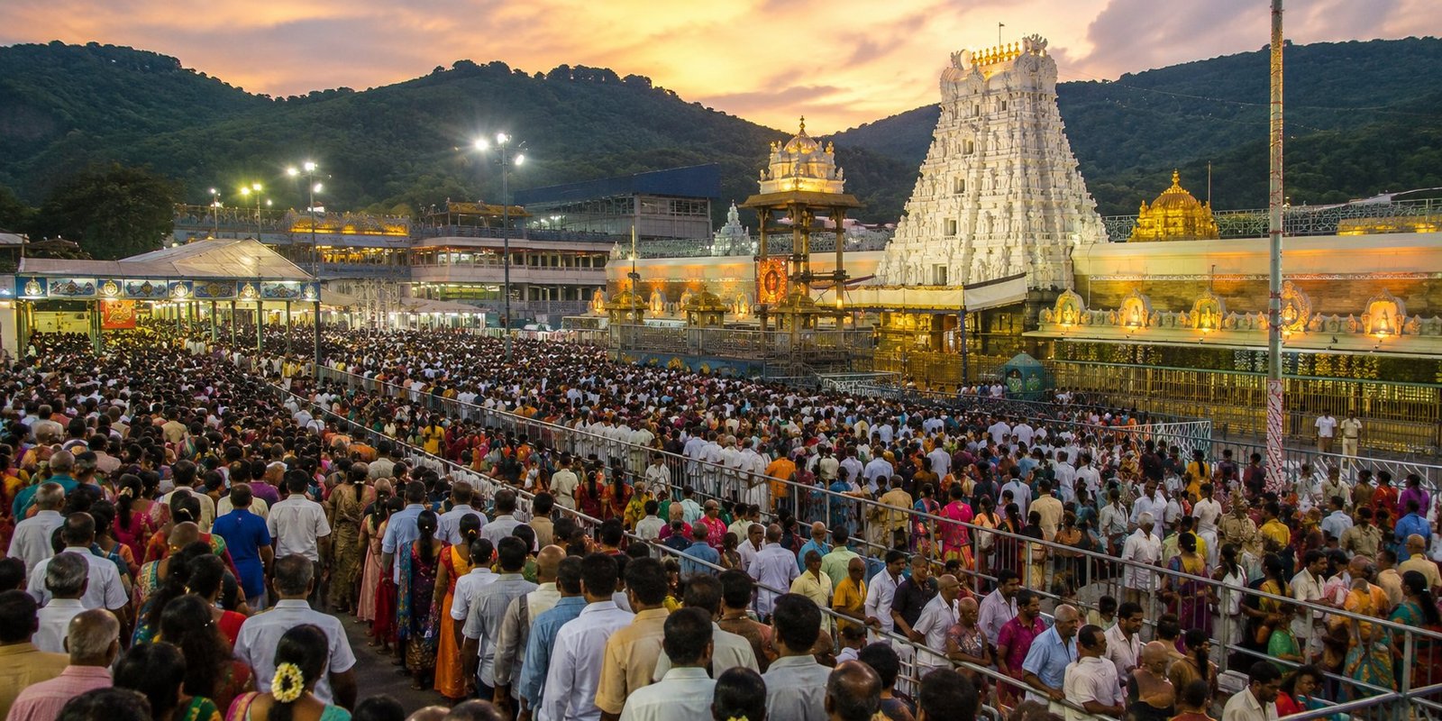 Devotees waiting in long queues at Tirumala temple.