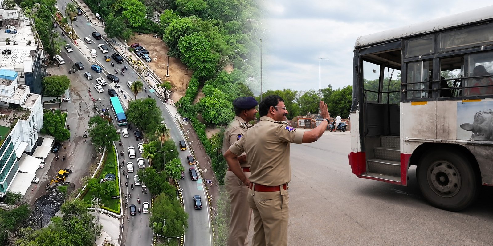 Traffic officials inspecting one-way trial near KBR Park in Hyderabad.