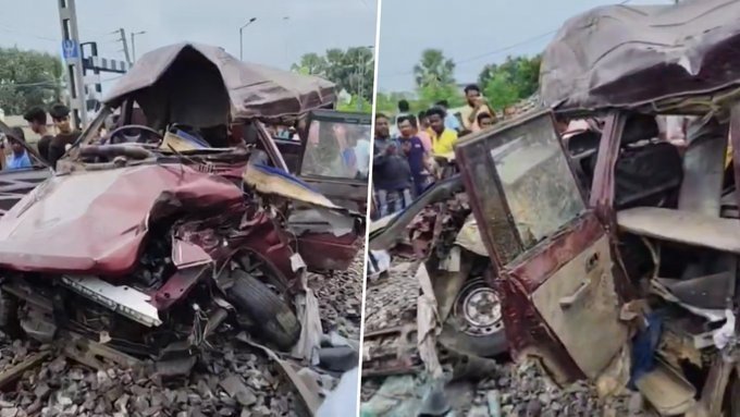 Damaged school van after local train collision in Murshidabad.