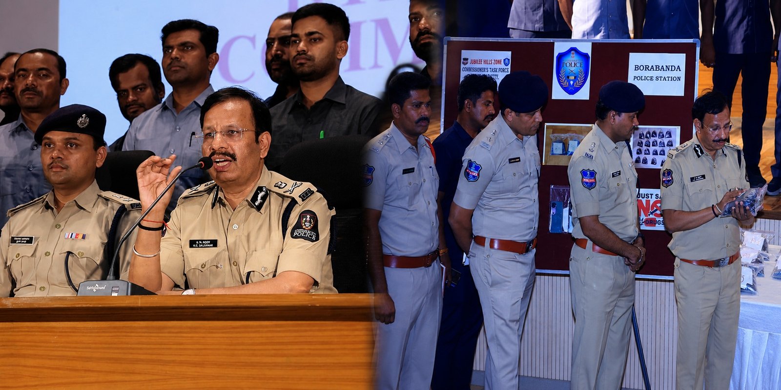 Hyderabad Police displaying seized hash oil after major drug raids.