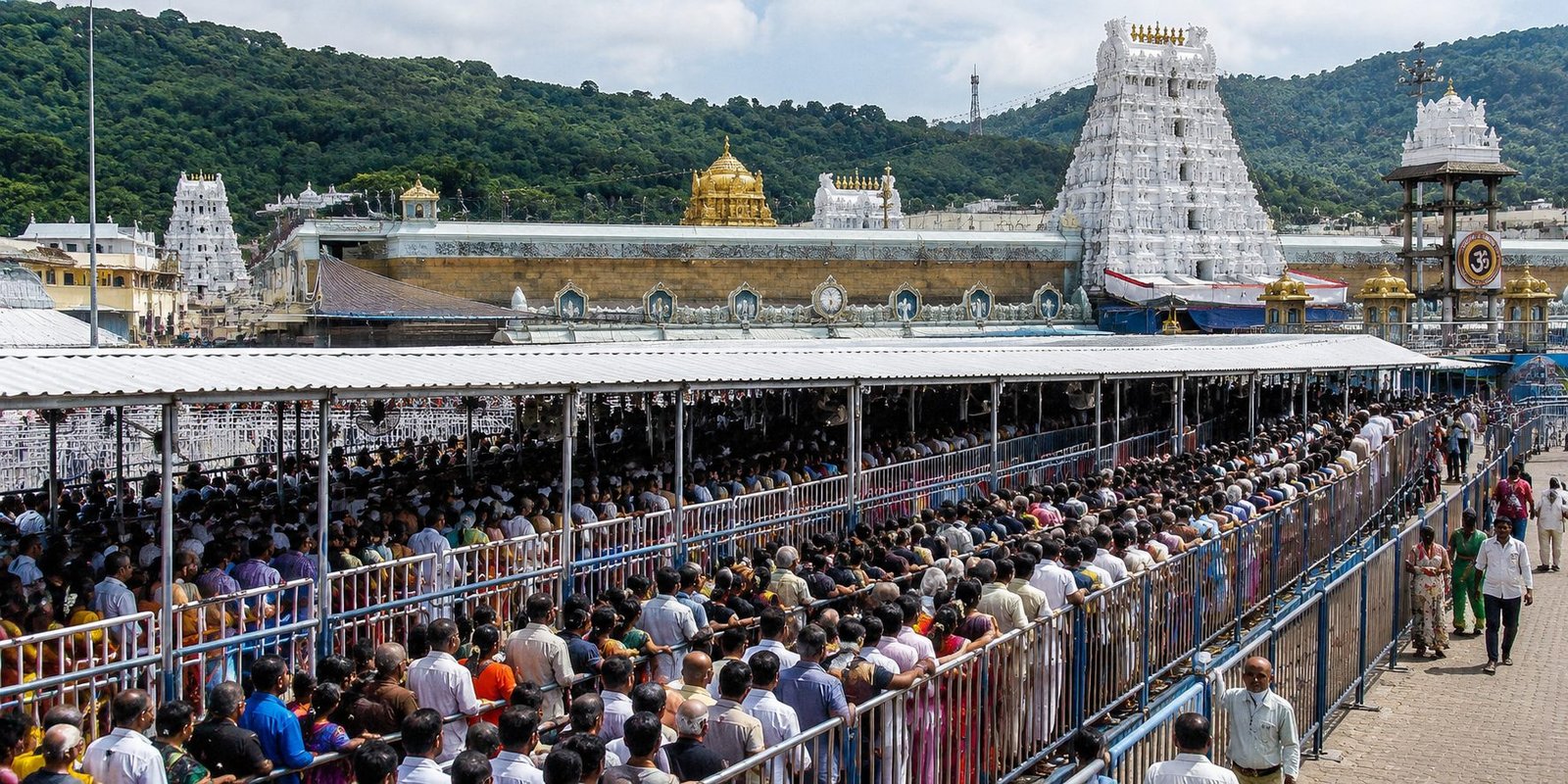 Devotees waiting in long queues at Tirumala for Srivari darshan.