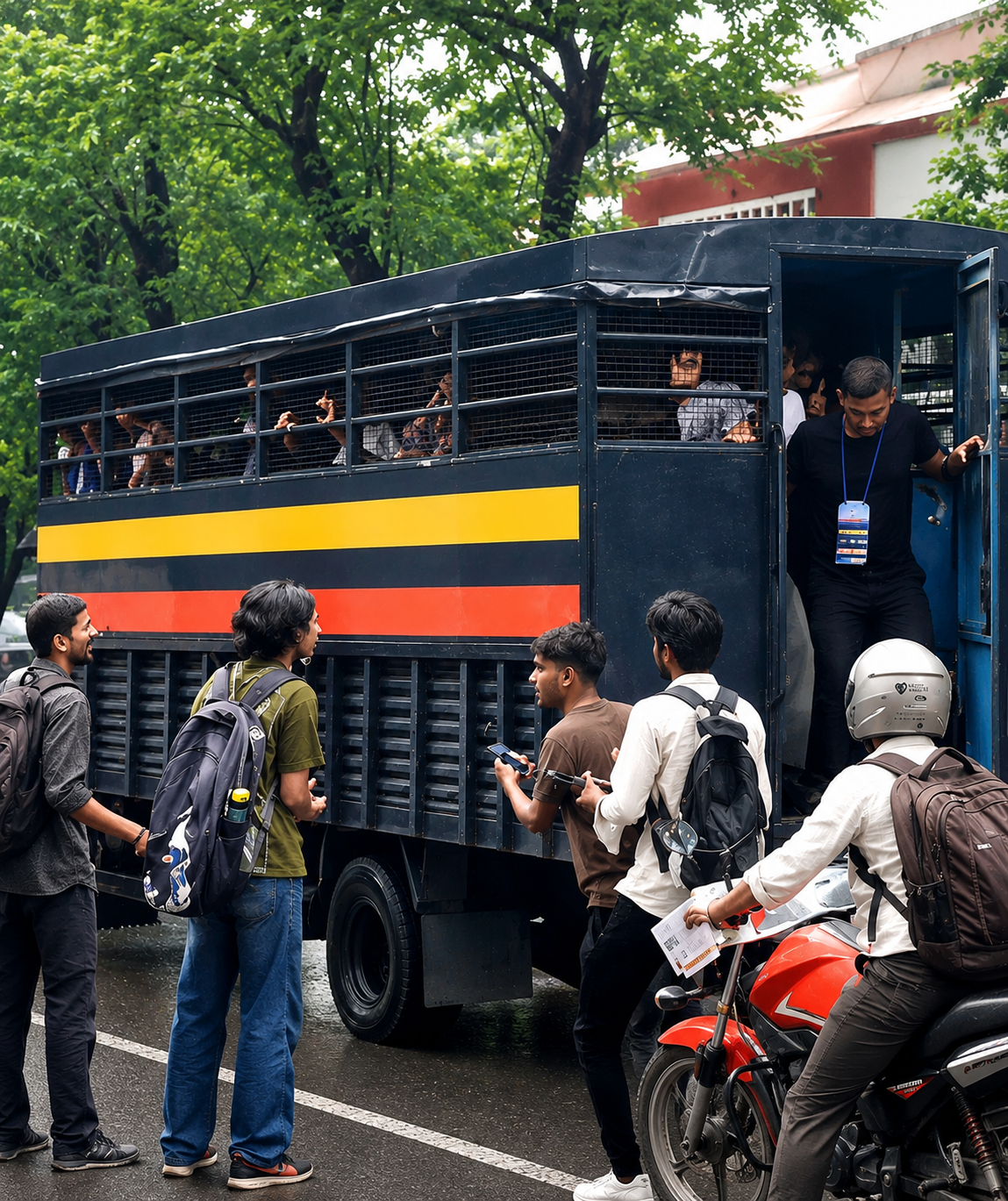 Man opens police van as detained students escape in Chembur.