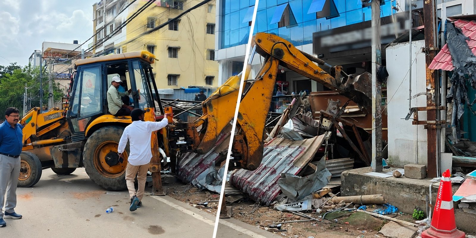 Officials removing encroachments from roads and footpaths in DLF area.