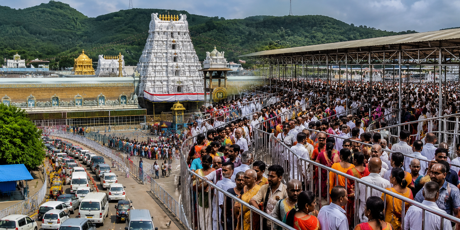 Devotees waiting in long queues for Tirumala Srivari darshan.