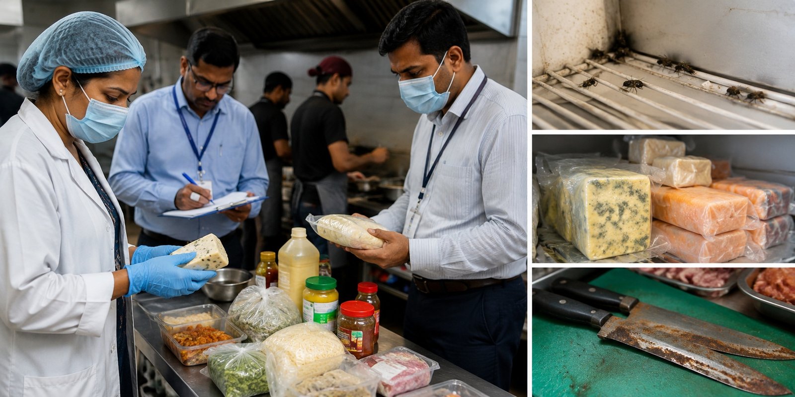 Food Safety officials inspecting a restaurant kitchen in Hyderabad.