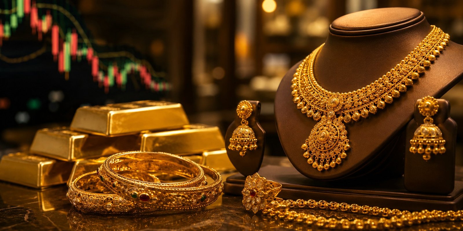 Gold jewellery displayed at a bullion shop in Hyderabad.