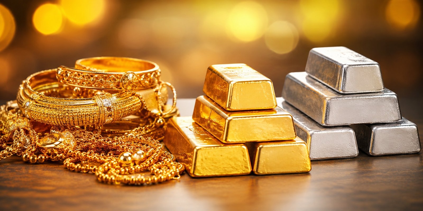 Gold bars and silver bars displayed with gold jewelry in Hyderabad market.