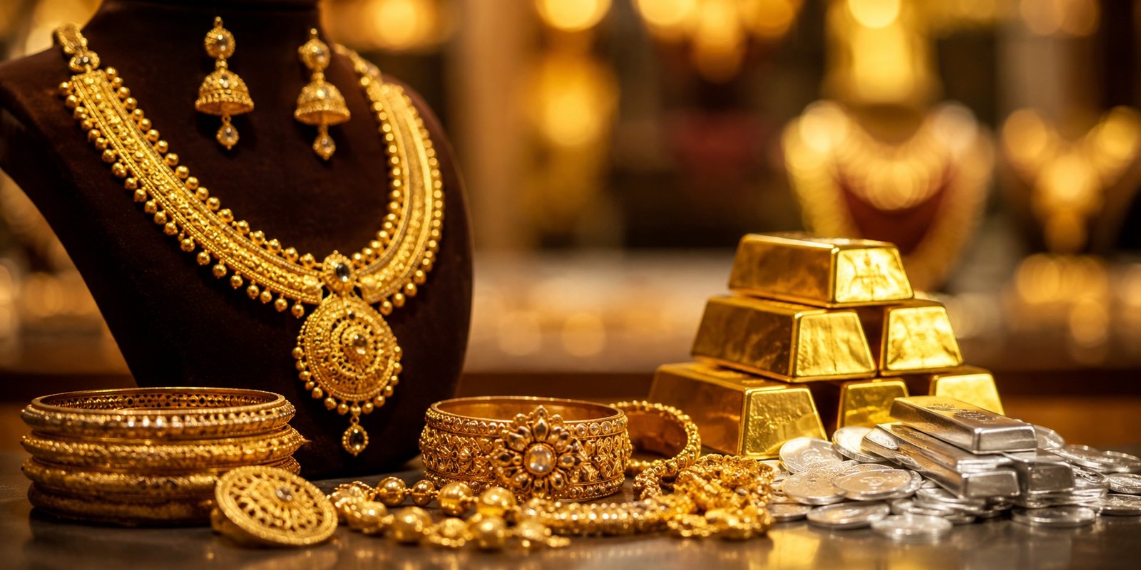 Latest gold and silver jewellery displayed at a Hyderabad jewellery store.