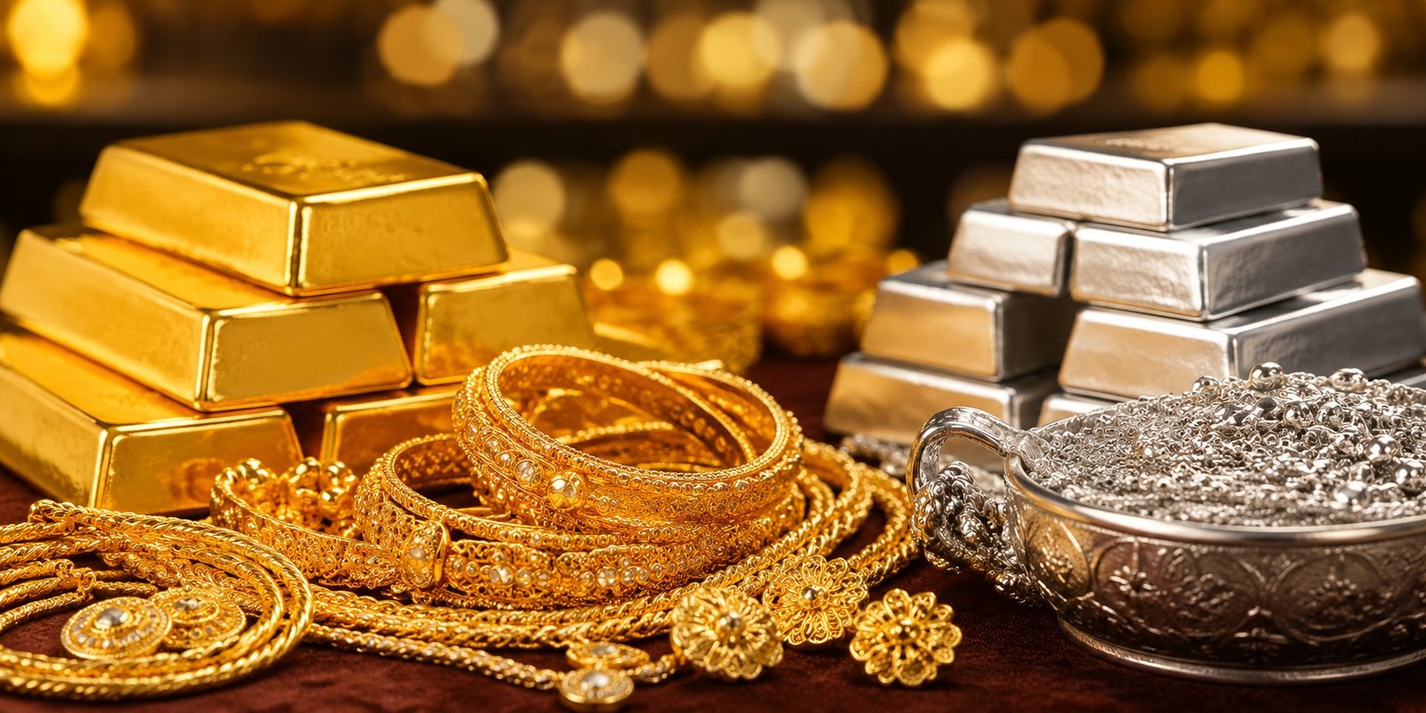 Gold jewellery displayed at a jewellery showroom in Hyderabad.