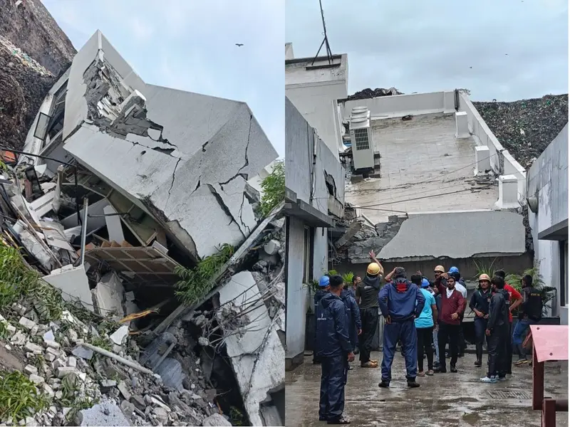 Rescue teams clearing debris after Pune waste plant building collapse.