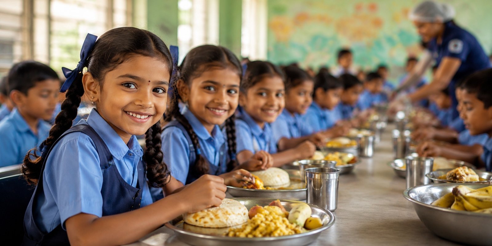 Students receiving breakfast in a government school cafeteria.