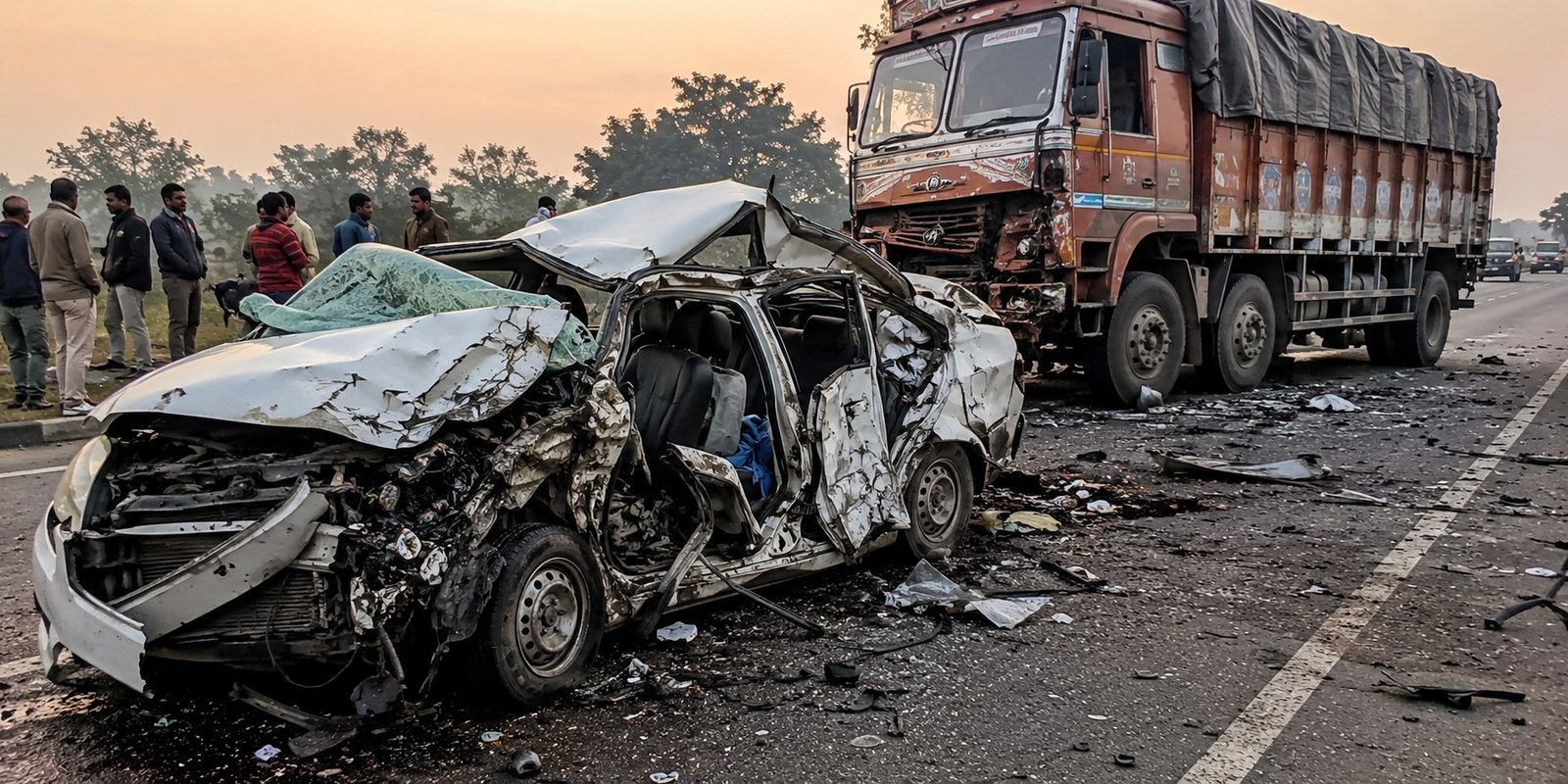 Damaged car after a fatal collision with a truck in Madhya Pradesh's Maihar district
