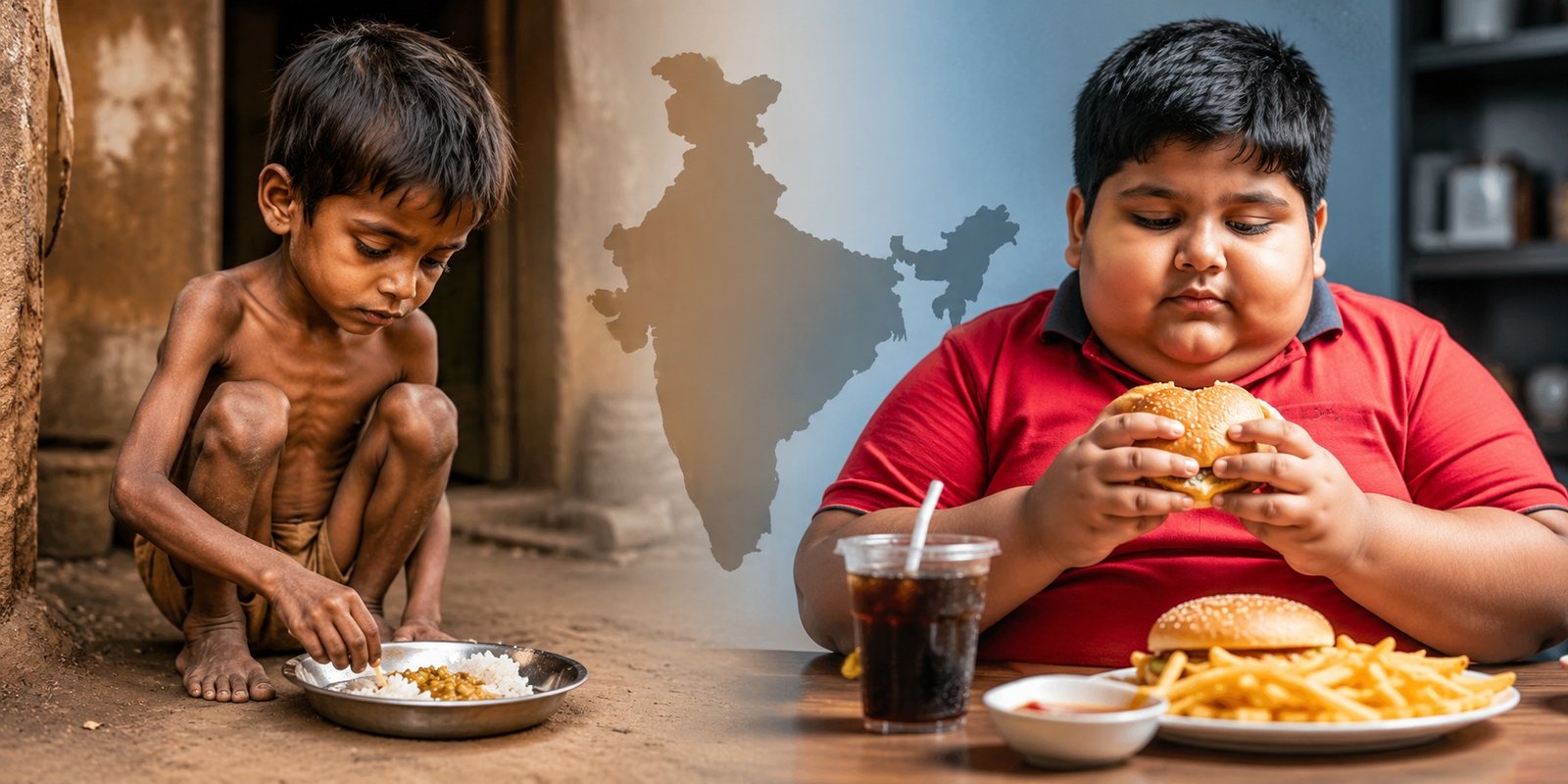 Indian children facing undernutrition and obesity together.