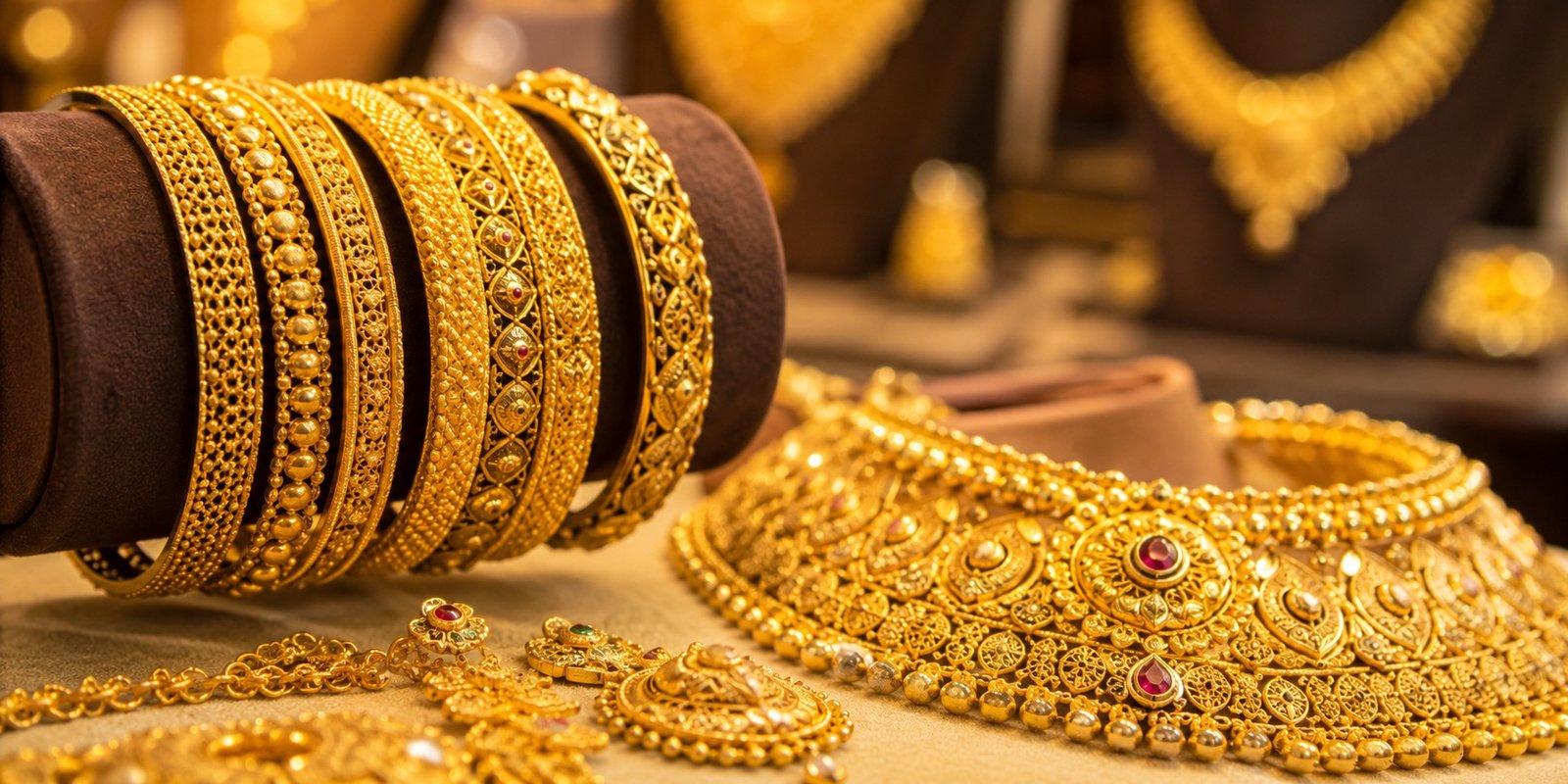 Gold ornaments displayed at a jewellery store in Hyderabad.