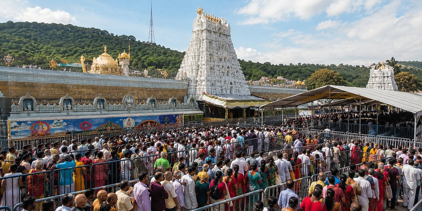 Devotees waiting in long queues at Tirumala temple.
